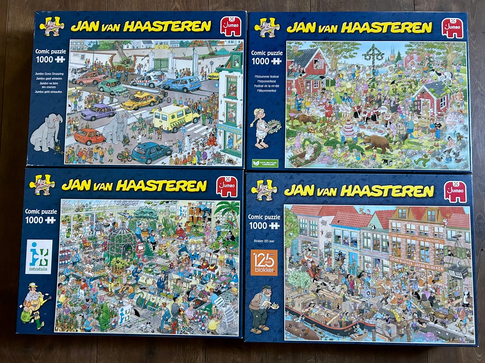 4 Jan van Haasteren puzzels (elk 1000 stukjes), Ophalen of Verzenden, 500 t/m 1500 stukjes, Zo goed als nieuw, Legpuzzel