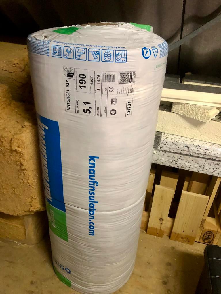 Glaswol over - 1,5 pak knauff naturoll 037 (190 mm, Rd 5,1), 12 cm of meer, Nieuw, Glaswol, 5 tot 10 m²