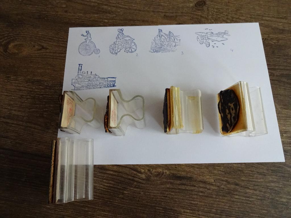 Schoolstempels geschiedenis, vervoersmiddelen, 4 st., Hobby en Vrije tijd, Stempelen, Ophalen of Verzenden, Gebruikt
