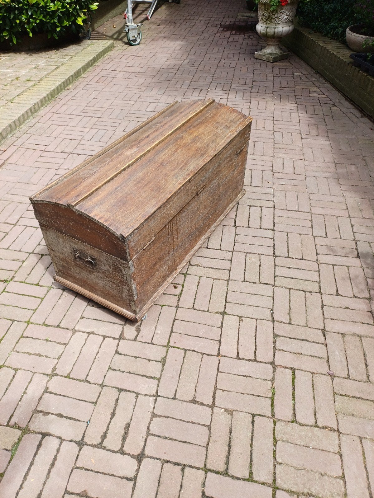 Antieke eikenhouten dekenkist met wieltjes, Ophalen