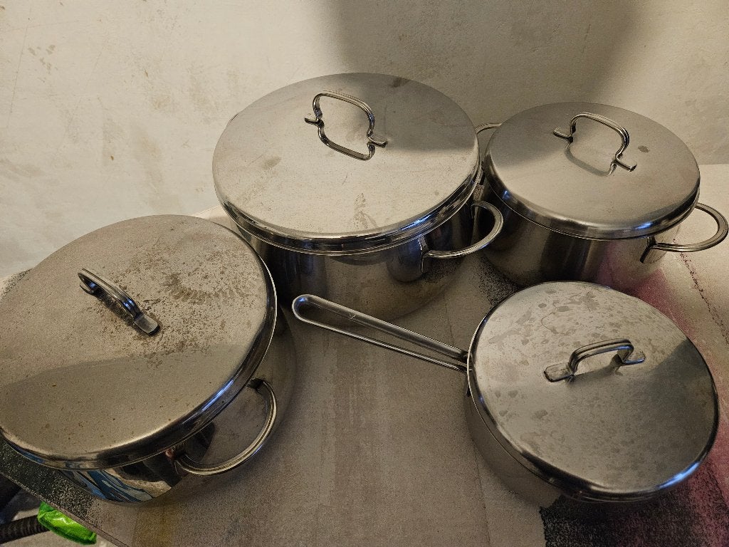 Fissler pannen 3x + 1x steelpan rvs 18-10, Ophalen, Gebruikt, Rvs, Pannenset