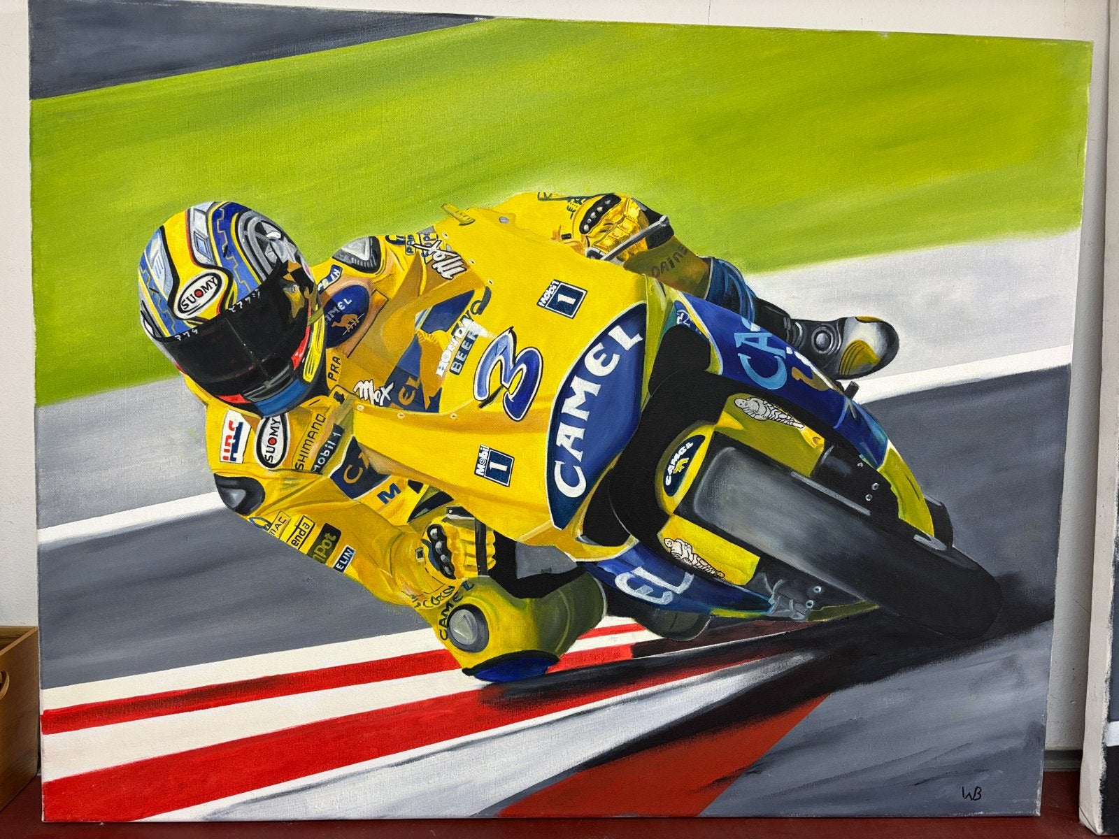 Motogp schilderijen Max Biaggi, John Hopkins, Antiek en Kunst, Kunst | Schilderijen | Modern, Ophalen, Gesigneerd, Olieverf, Voertuigen