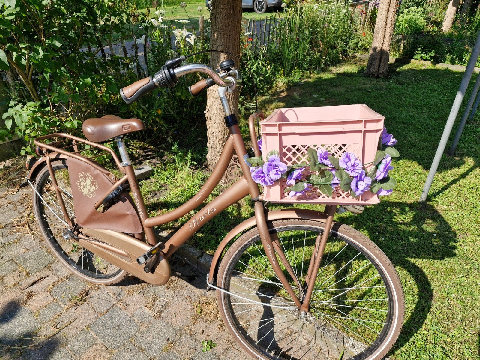 Sparta Damesfiets - Bruin met Roze Mand, Terugtraprem, Sparta, Gebruikt, Ophalen of Verzenden