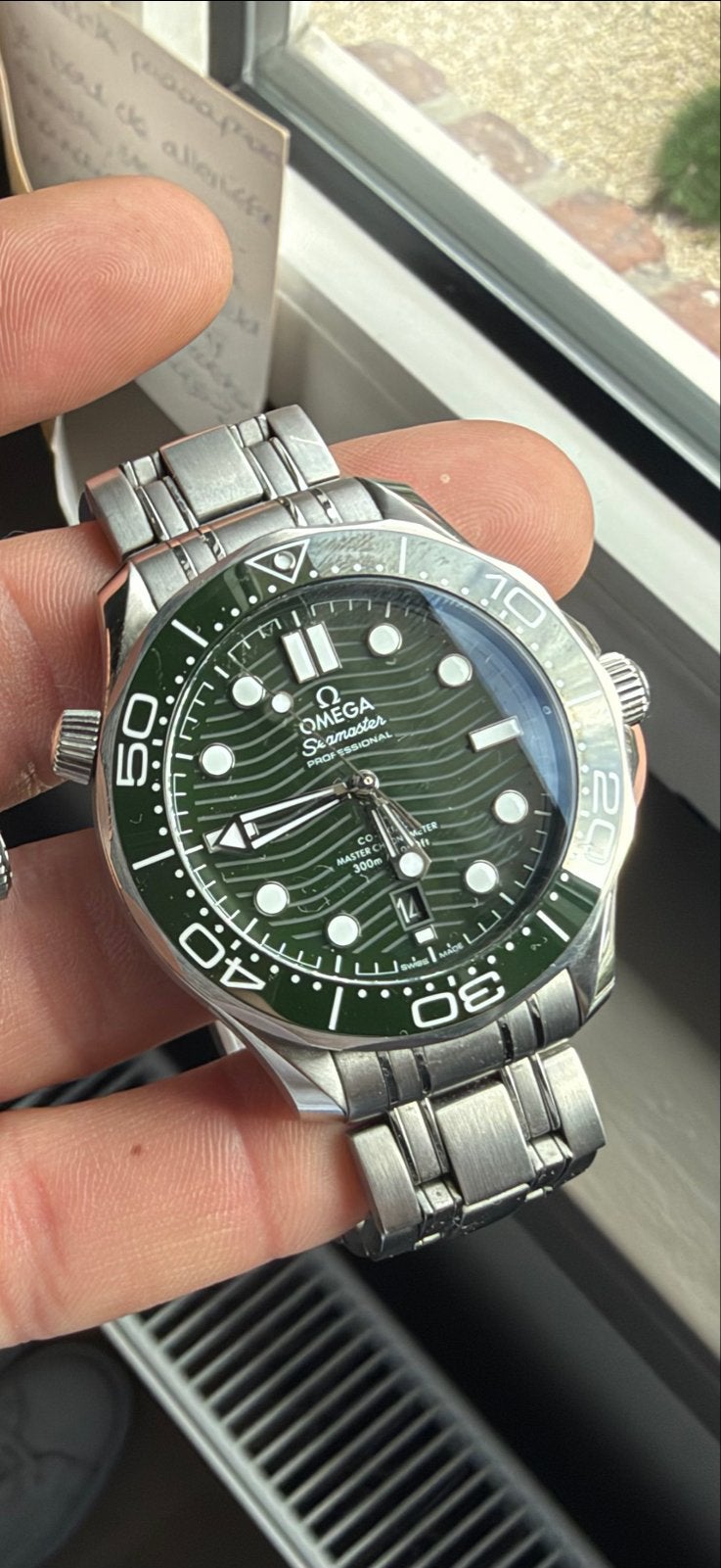 Omega Seamaster green dial, full set, Staal, Polshorloge, Ophalen of Verzenden, Zo goed als nieuw