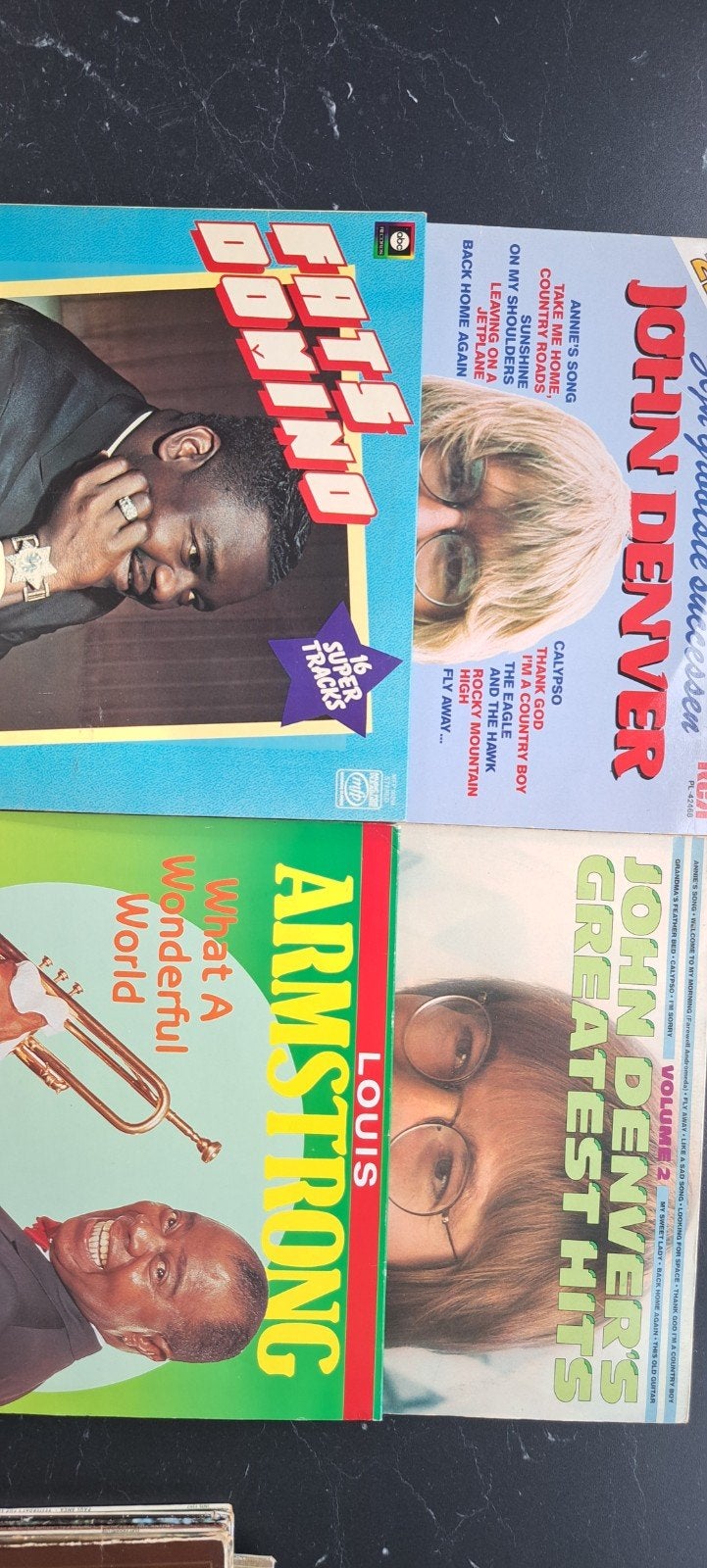 LP's John Denver (2x), Fats Domino,Louis Armstrong 1 euro ps