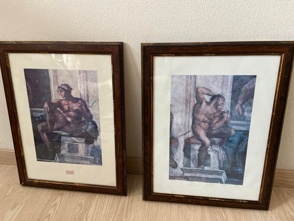 Set van 2 ingelijste kunstprints - Michelangelo 'Ignudi', Ophalen of Verzenden