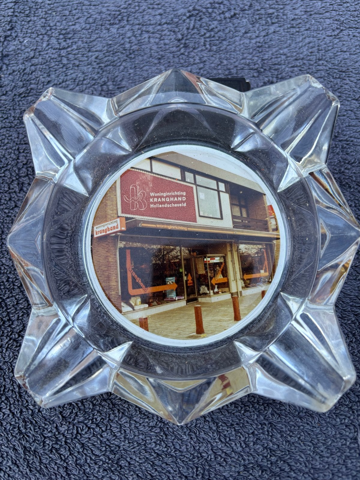 Vintage Glazen Asbak met Reclame Kranghand Hollandscheveld, Ophalen of Verzenden, Gebruikt, Asbak