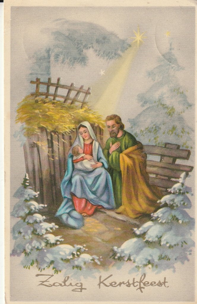 Vintage Kerstkaart: Jozef, Maria en Jezus in de stal, Ophalen of Verzenden, 1940 tot 1960, Gelopen, Feest(dag)