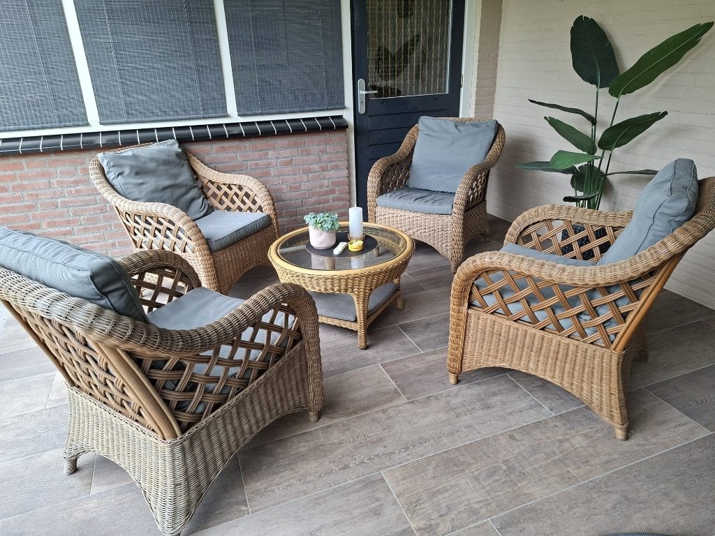 4 Rotan Fauteuils incl. kussens ( zonder afgebeelde tafel ), Ophalen, Zie foto, Gebruikt, Bruin