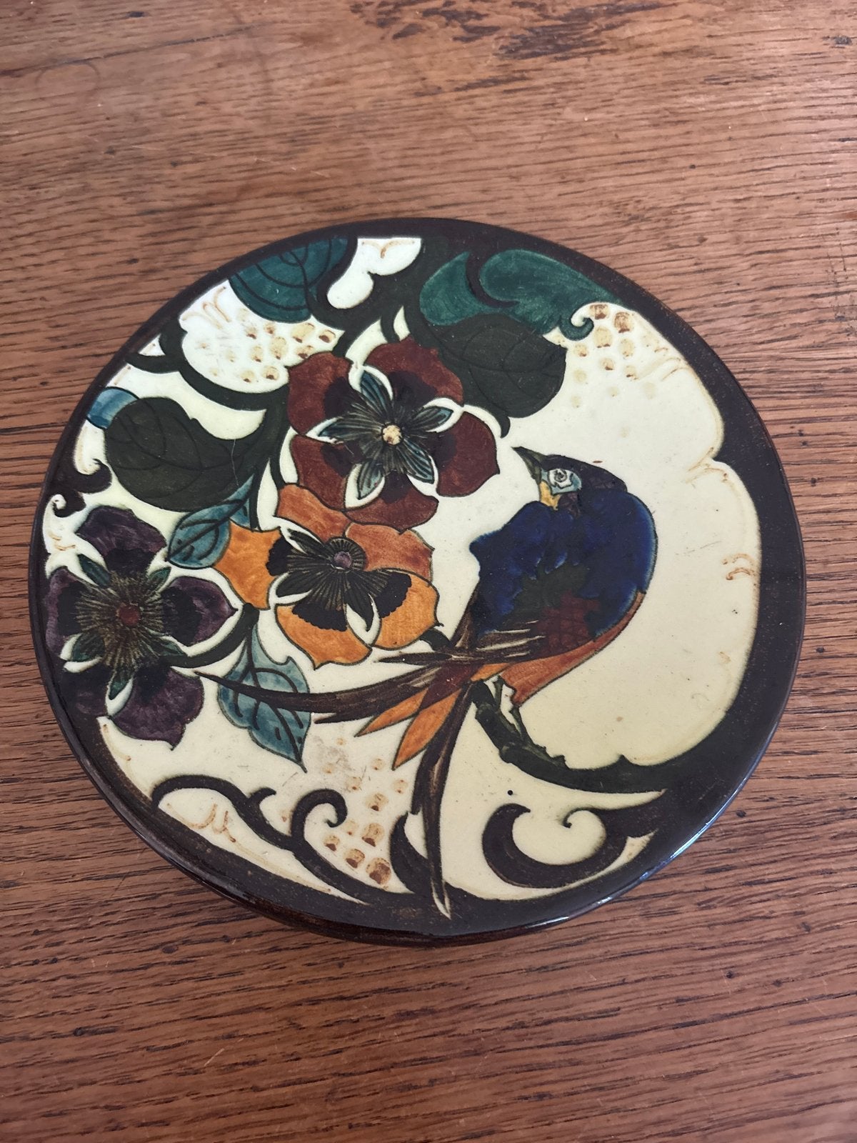 Antiek wandbordje N. Rozenburg Den Haag, vogel en bloemen, Ophalen of Verzenden