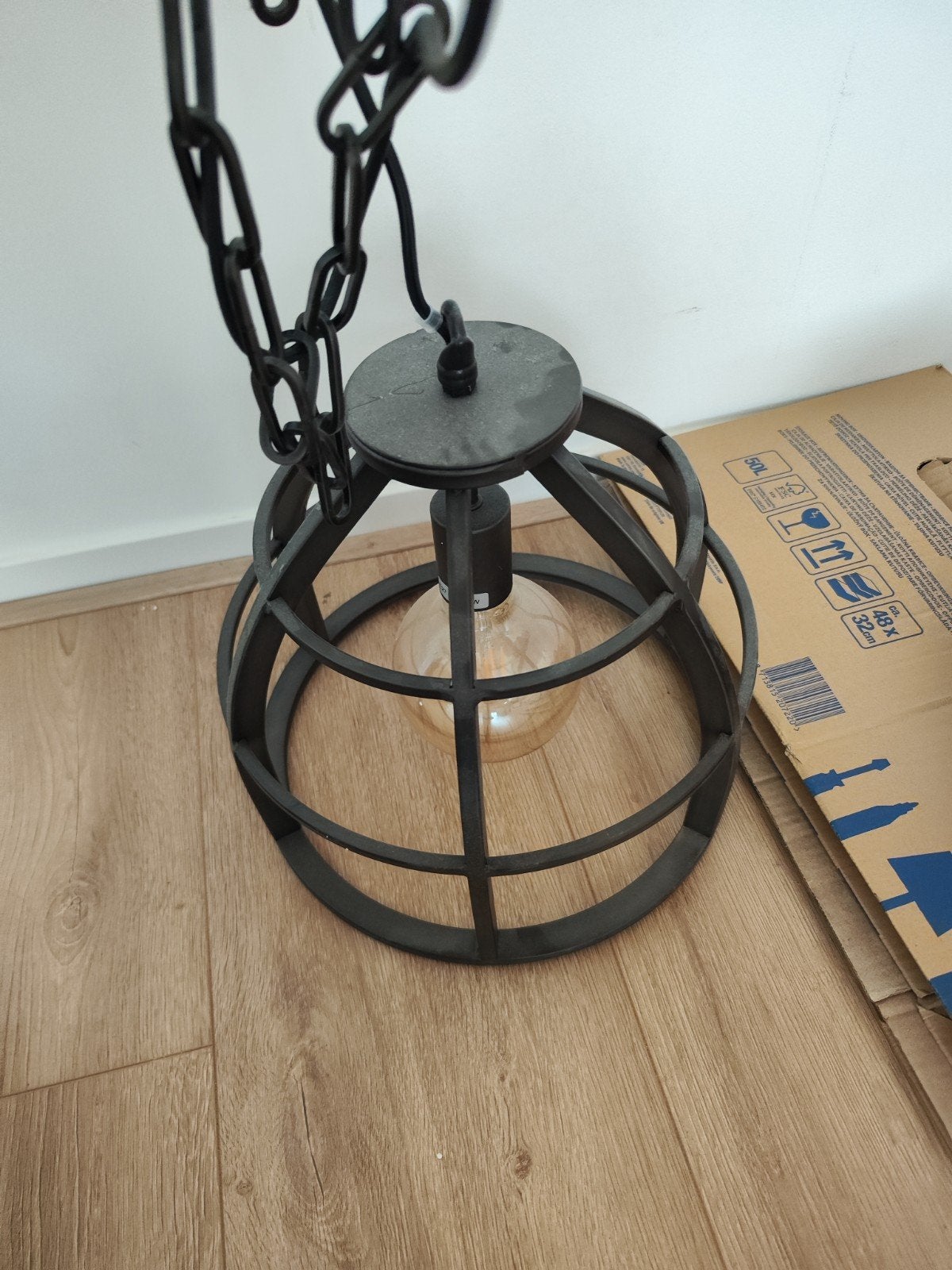 Industriële hanglamp met katrol en kooi, Ophalen, Gebruikt, E27 (groot), Industrieel, Vintage