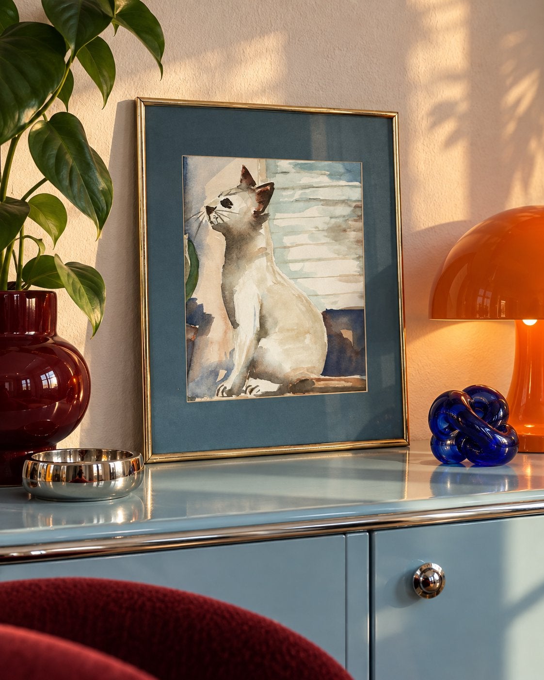 Vintage aquarel Siamese kat in goudkleurige lijst, Ophalen of Verzenden, Tekening, Aquarel, Achter glas