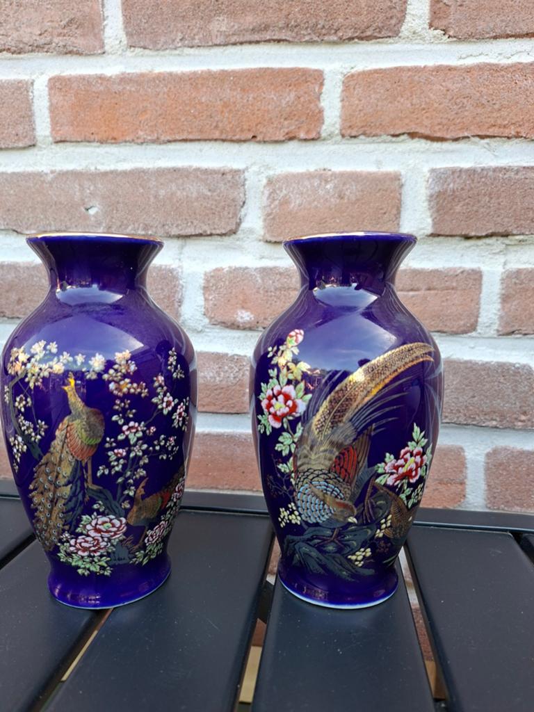 Set van 2 Kobaltblauwe Vazen met Pauwen en Bloemen, Ophalen of Verzenden