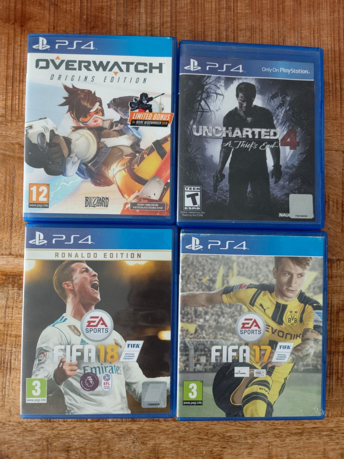 4 PS4 Games: Overwatch, Uncharted 4, FIFA 18 & FIFA 17, Online, Gebruikt, Overige genres, Ophalen of Verzenden