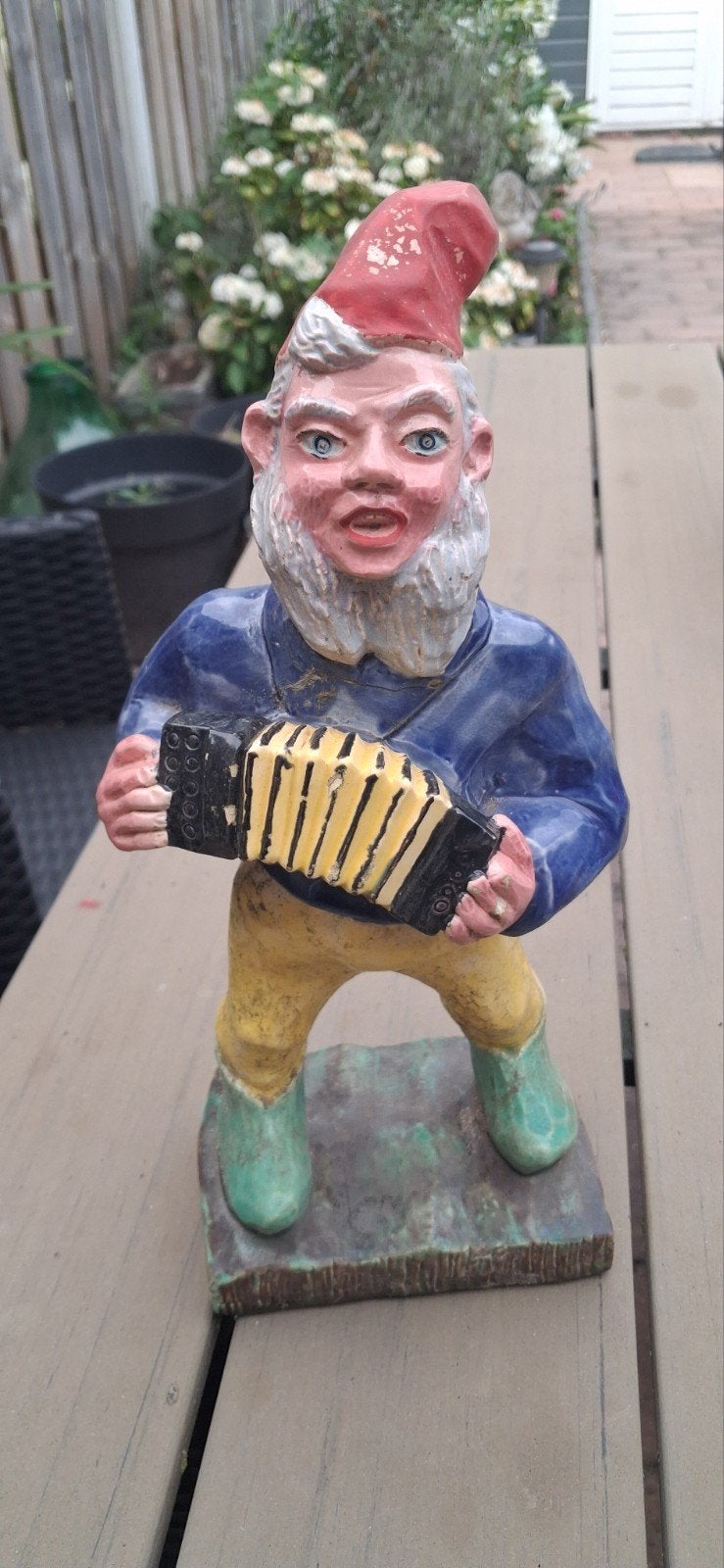 Heissner kabouter met accordeon, Ophalen of Verzenden, Gebruikt, Overige materialen, Tuinkabouter