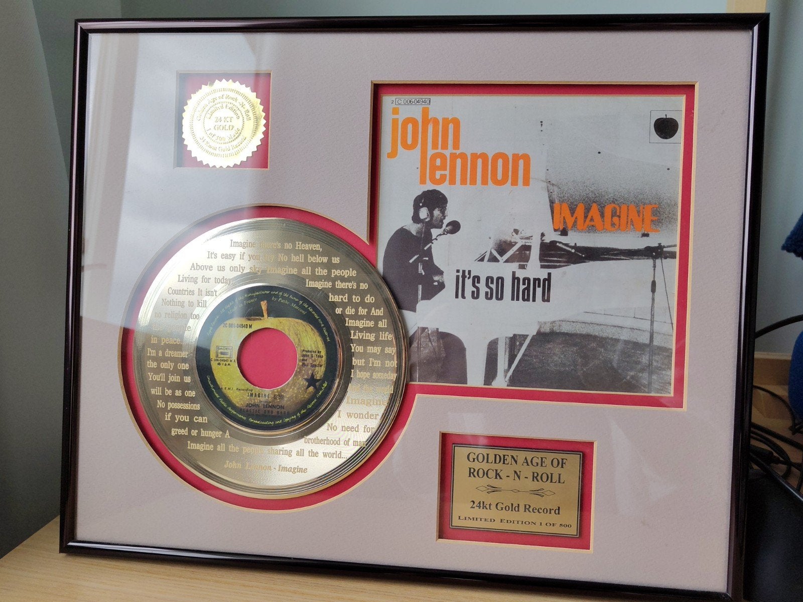 Titel:John Lennon - Imagine | Exclusieve 24k Gouden Plaat Di, Verzamelen, Ophalen of Verzenden, Zo goed als nieuw, Poster, Artwork of Schilderij