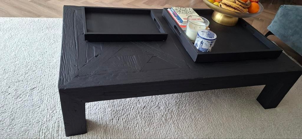 Massief houten salontafel met grof ingelegd hout, Ophalen, Gebruikt, 100 tot 150 cm, Minder dan 50 cm