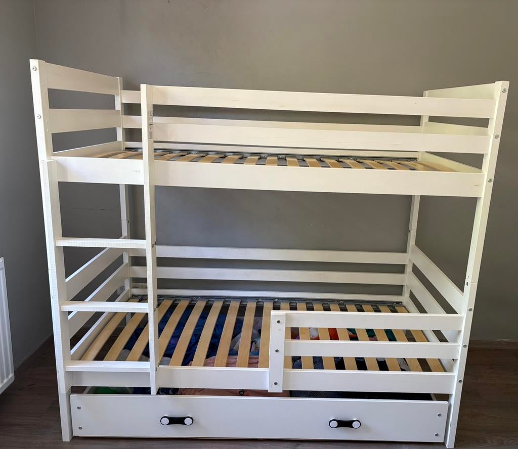Wit stapelbed met uitschuifbare lade, Huis en Inrichting, Slaapkamer | Stapelbedden en Hoogslapers, Ophalen, Gebruikt, 90 cm, Tweepersoons