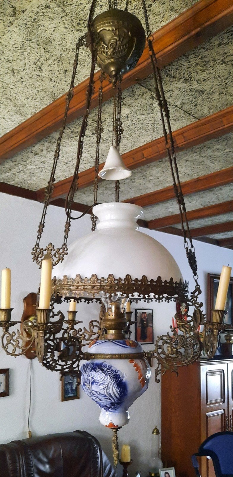 Antieke Hanglamp op Stroom -petroleum hanglamp, Antiek en Kunst, Antiek | Lampen, Ophalen