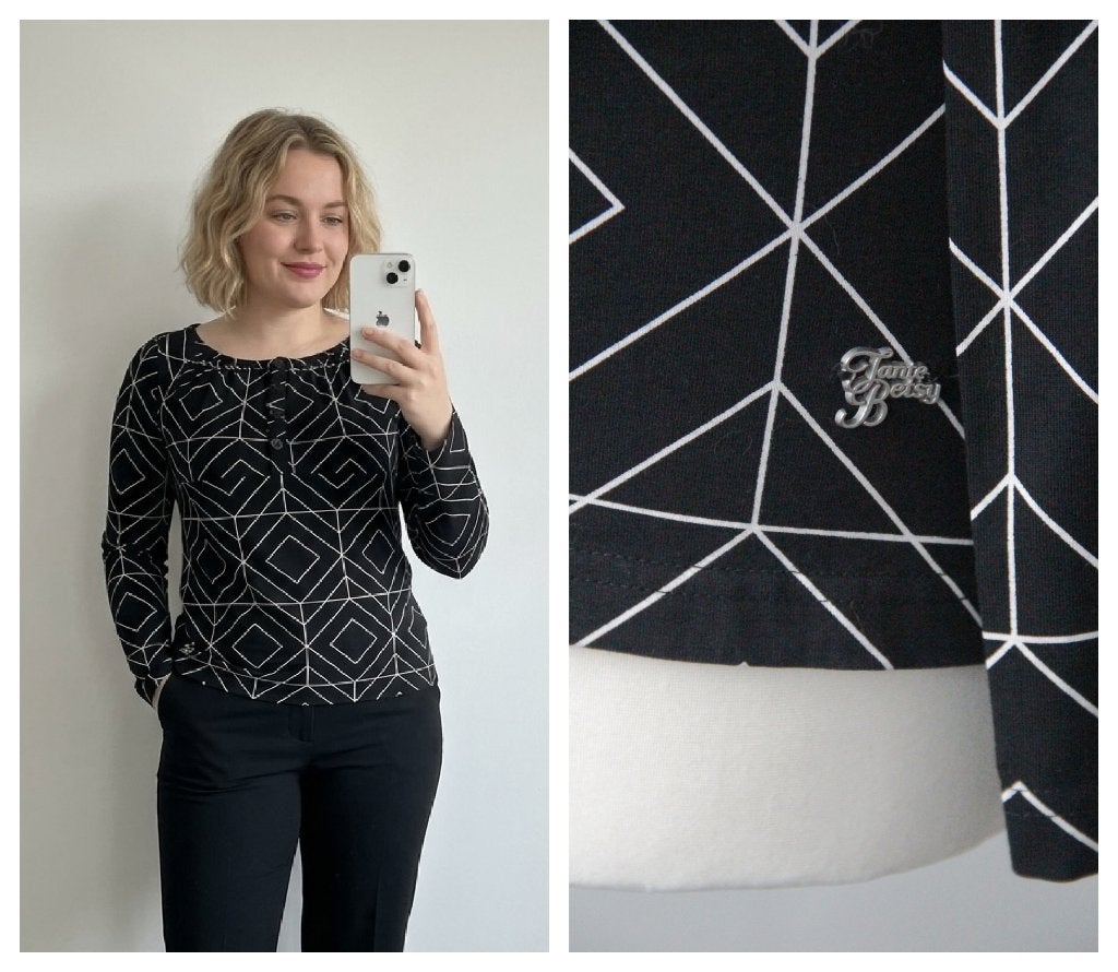 Tante Betsy - Zwarte top met geometrische print - Maat S, Kleding | Dames, Tante Betsy, Verzenden, Zwart, Zo goed als nieuw