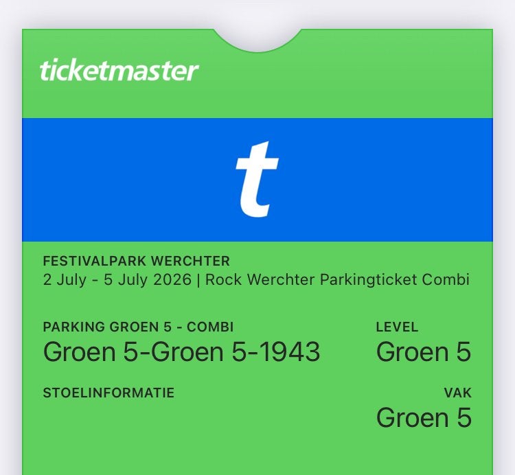 Rock Werchter parking Groen 5 - combi (alle dagen), Tickets en Kaartjes, Eén persoon, Vliegtuig, Met bestemming of datum