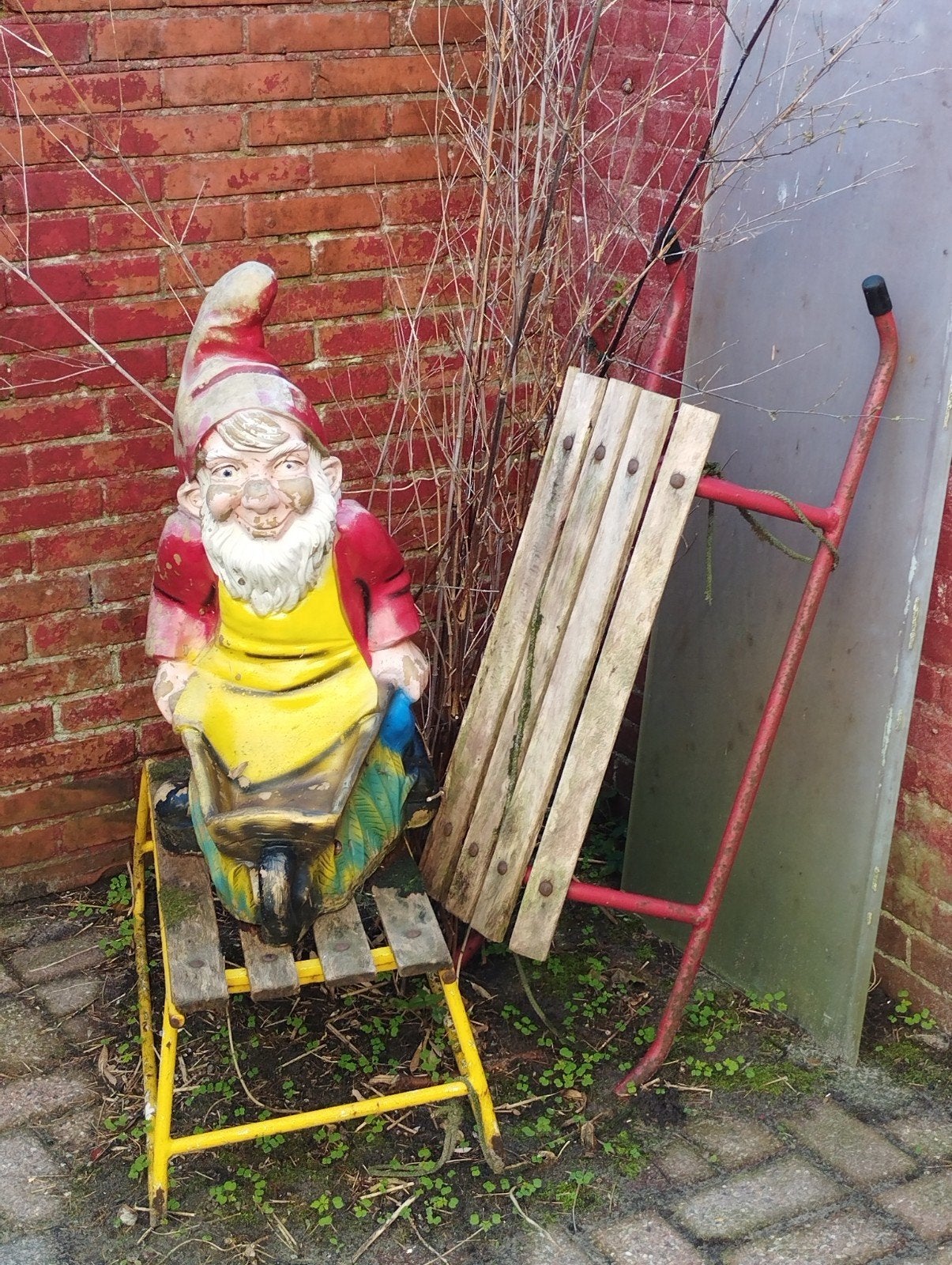 Vintage Tuinkabouter met Kruiwagen - Gebruikt, Ophalen, Gebruikt, Beton, Tuinkabouter