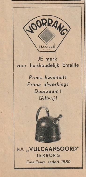 Retro reclame 1950 Vulcaansoord Terborg emaille fluitketel, Verzenden, Overige typen