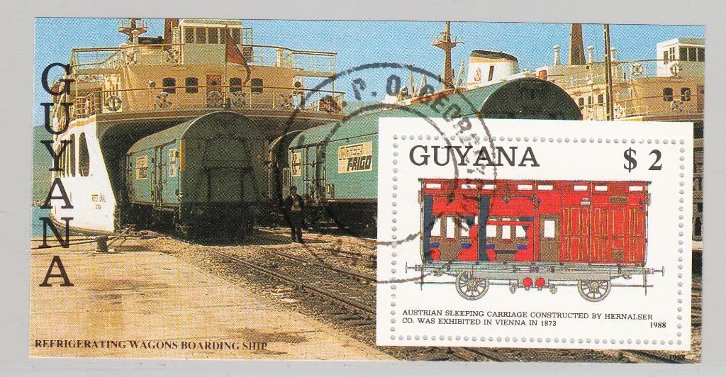 B474 - Guyana michel blok 35 gestempeld , Slaapwagen trein, Verzenden, Gestempeld, Zuid-Amerika