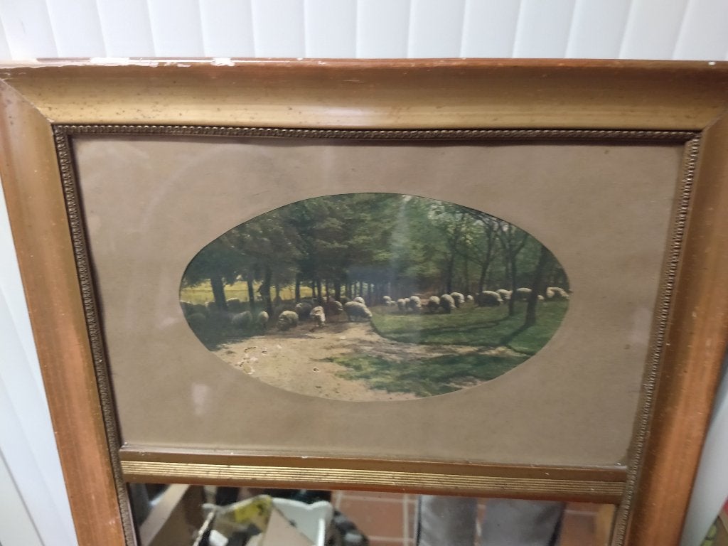 Antiek spiegeltje met afbeelding schapen 38 bij 55. Op de ho, Minder dan 50 cm, Gebruikt, Ophalen of Verzenden, Minder dan 100 cm