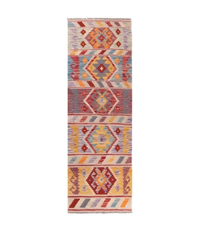 Handgeweven Kelim Loper Wol Vloerkleed Tapijt 192x63 cm, Gebruikt, ...., 150 tot 200 cm, Rechthoekig
