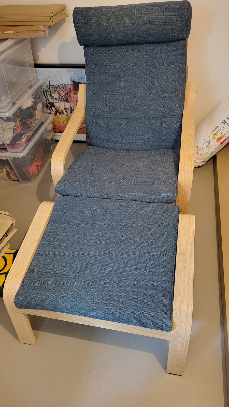 POÄNG fauteuil ikea blauw met voetensteun, Ophalen, Gebruikt, 75 tot 100 cm, 50 tot 75 cm