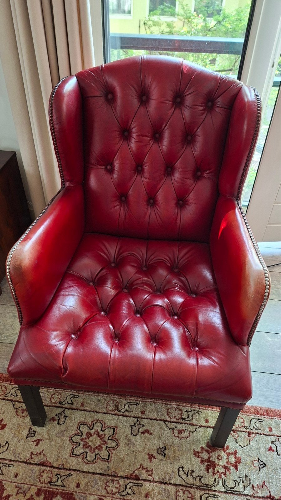 Leren Chesterfield fauteuil - Rood, Huis en Inrichting, Fauteuils, Ophalen, Gebruikt, Chesterfield, 75 tot 100 cm