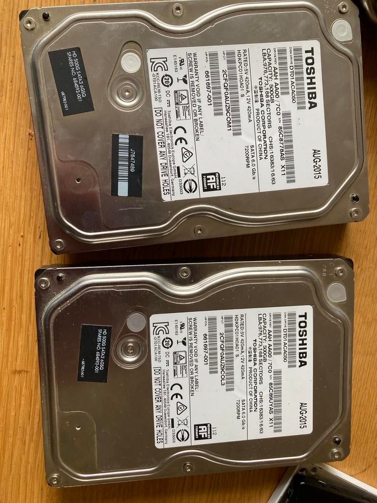 2x Toshiba 500GB HDD, Computers en Software, Harde schijven, Intern, Gebruikt, Ophalen of Verzenden, Desktop