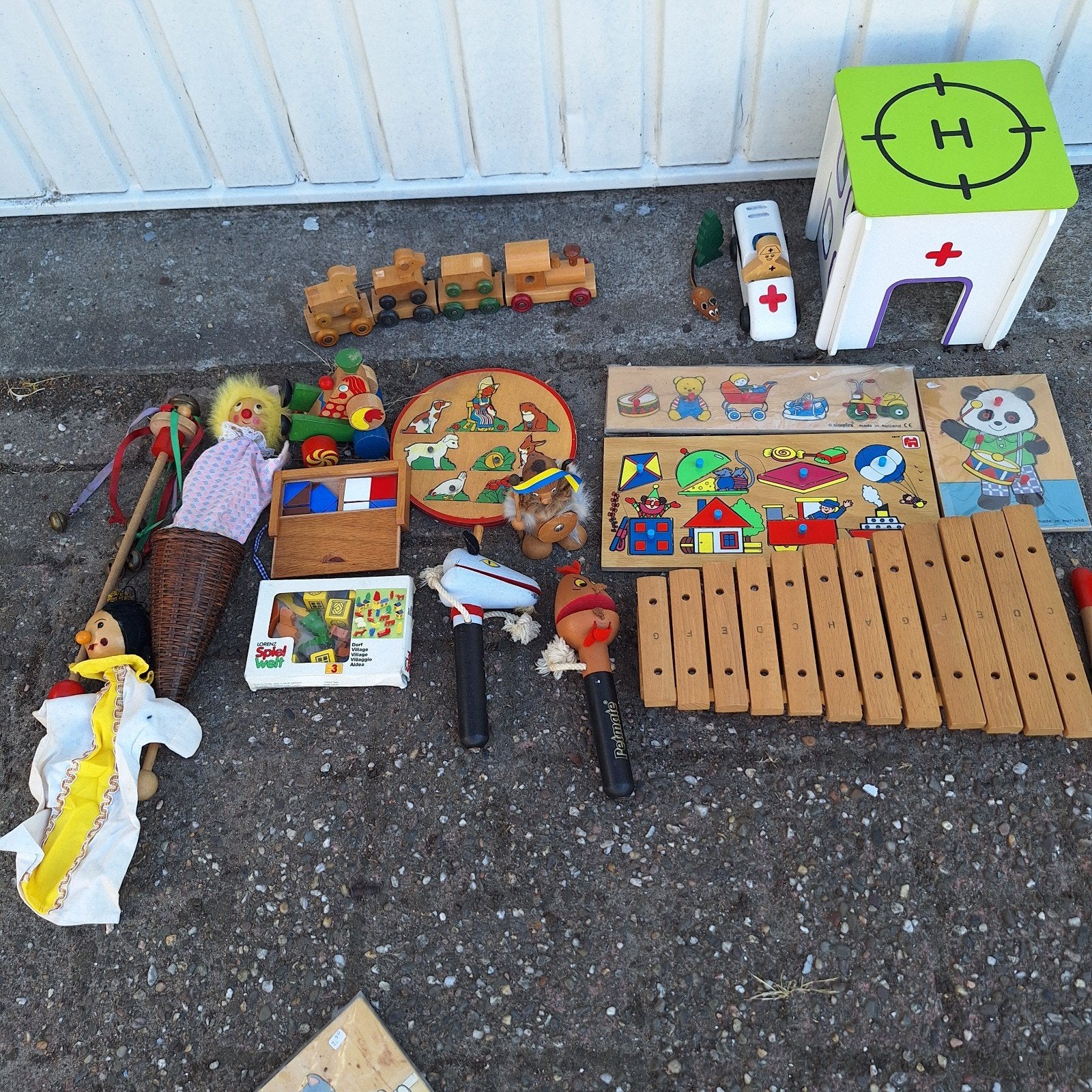 Partij vintage houten speelgoed - Trein, xylofoon, puzzels, Ophalen of Verzenden