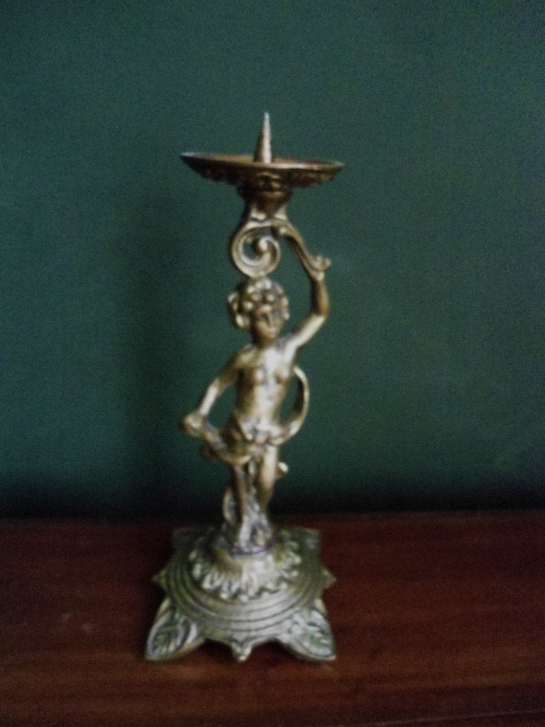 messing kandelaar cherubijn 27,5 cm. hoog, Antiek en Kunst, Ophalen, Overige materialen