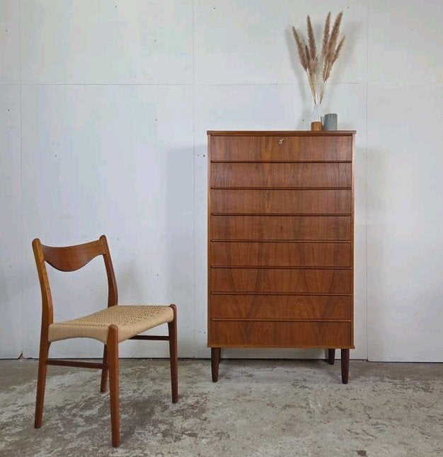 Vintage Deense ladekast, tall boy, 8 lades, teak jaren 60, Ophalen, Gebruikt, 5 laden of meer, 100 tot 150 cm