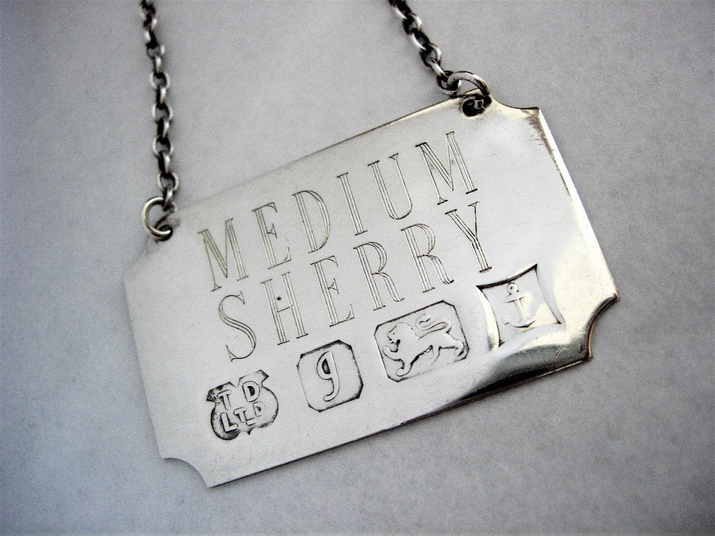 Zilver Engels Zilveren Fles- of Karaf Etiket -MEDIUM SHERRY, Ophalen of Verzenden, Zilver