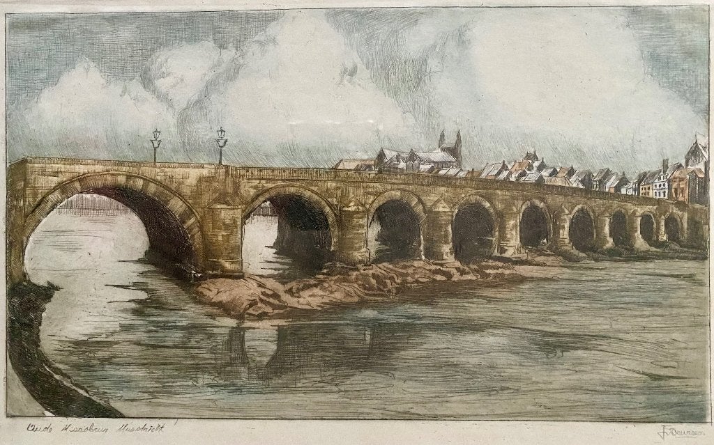 Oude ets Maasbrug St. Servaasbrug Maastricht Jan v. Deursen, Antiek en Kunst, 25 cm, Stadsgezicht, 35 cm, Ophalen of Verzenden