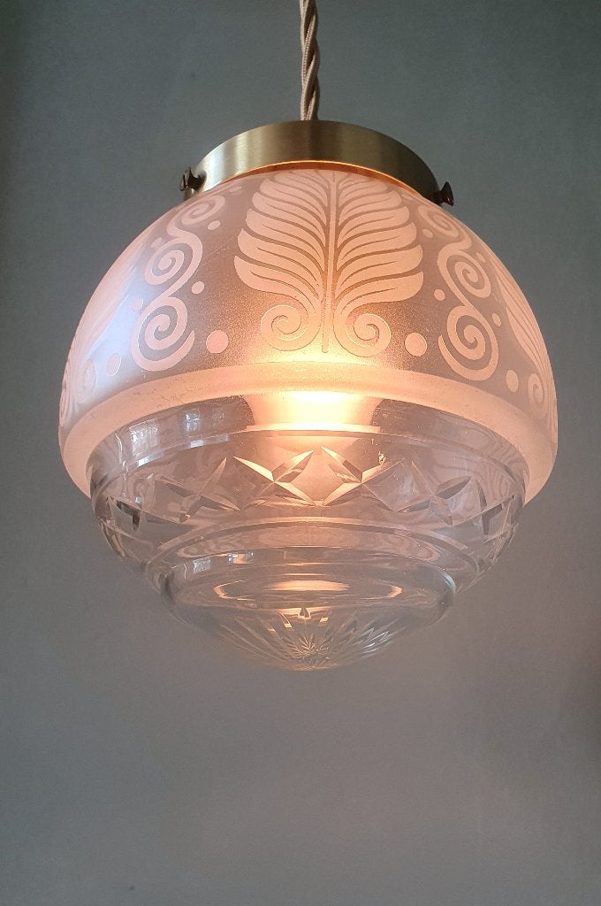 Vintage Bollamp / Hanglamp - Geslepen glas - Frost decoratie, Glas, Gebruikt, Vintage, antiek, klassiek, E27 (groot)