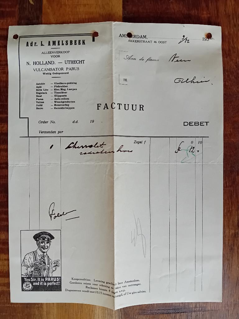 Factuur Adr. L. Amelsbeek - Amsterdam - jaren '30, Ophalen of Verzenden, Voor 1940, Gebruikt