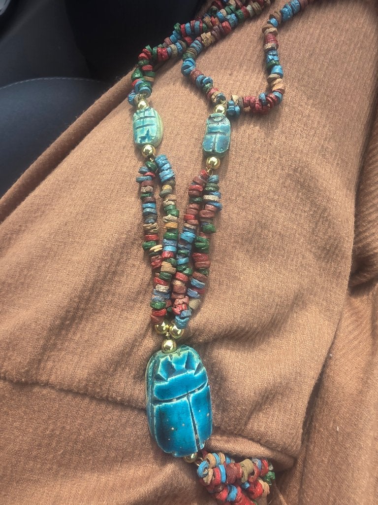 Egyptische vintage ketting met scarabee natuurstenen, Met hanger, Blauw, Ophalen of Verzenden, Zo goed als nieuw