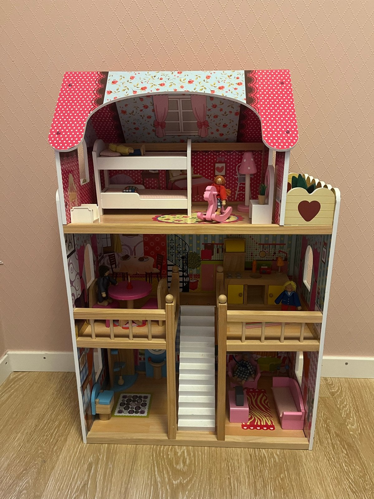 Groot Houten Poppenhuis met Meubels en Poppen, Ophalen, Gebruikt, Overige typen