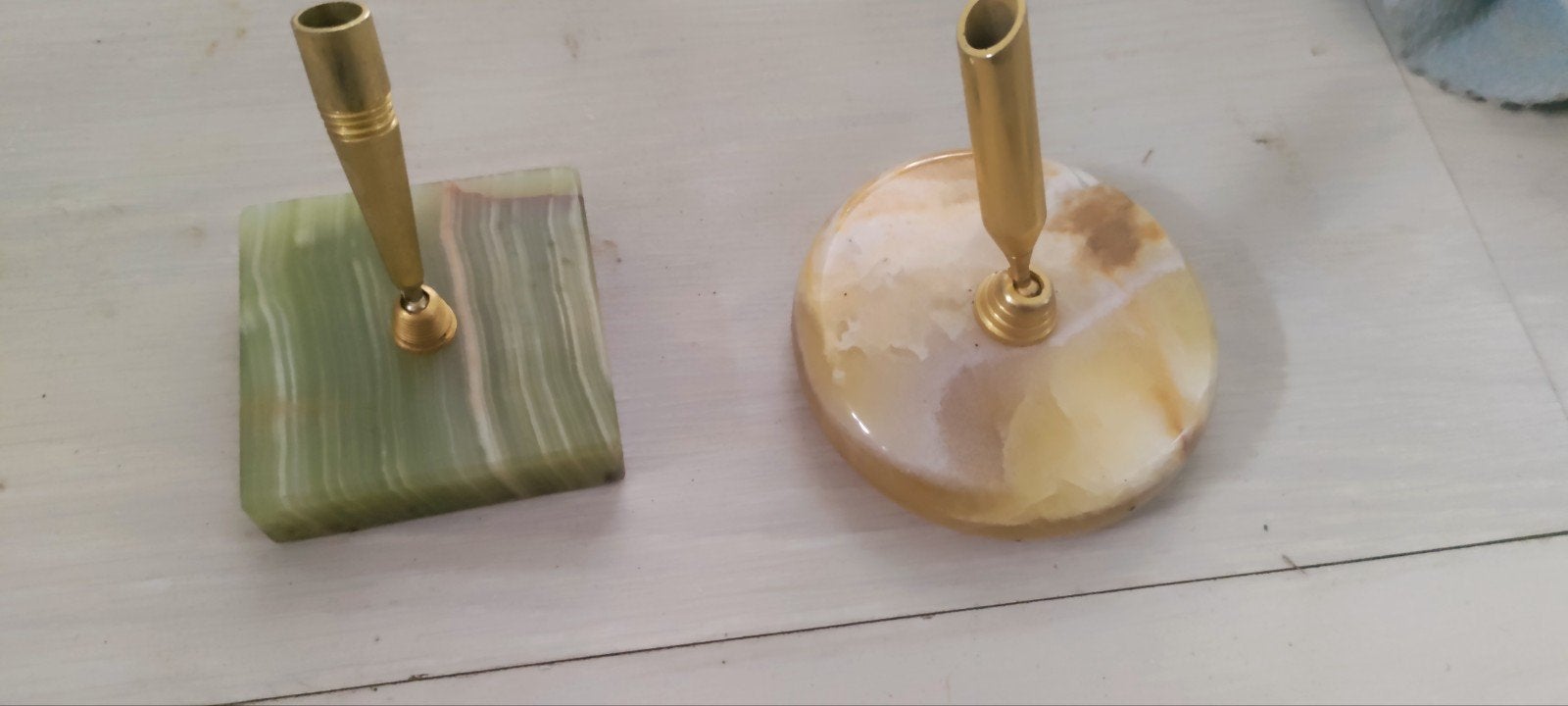 Onyx pennenhouder set - Groen en Beige, Antiek en Kunst, Ophalen of Verzenden