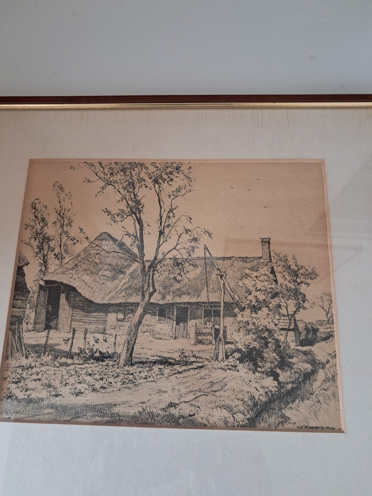 H.E. Roodenburg Ets: Boerderij met rieten dak en waterput, Ophalen, Ets, Landschap, Origineel