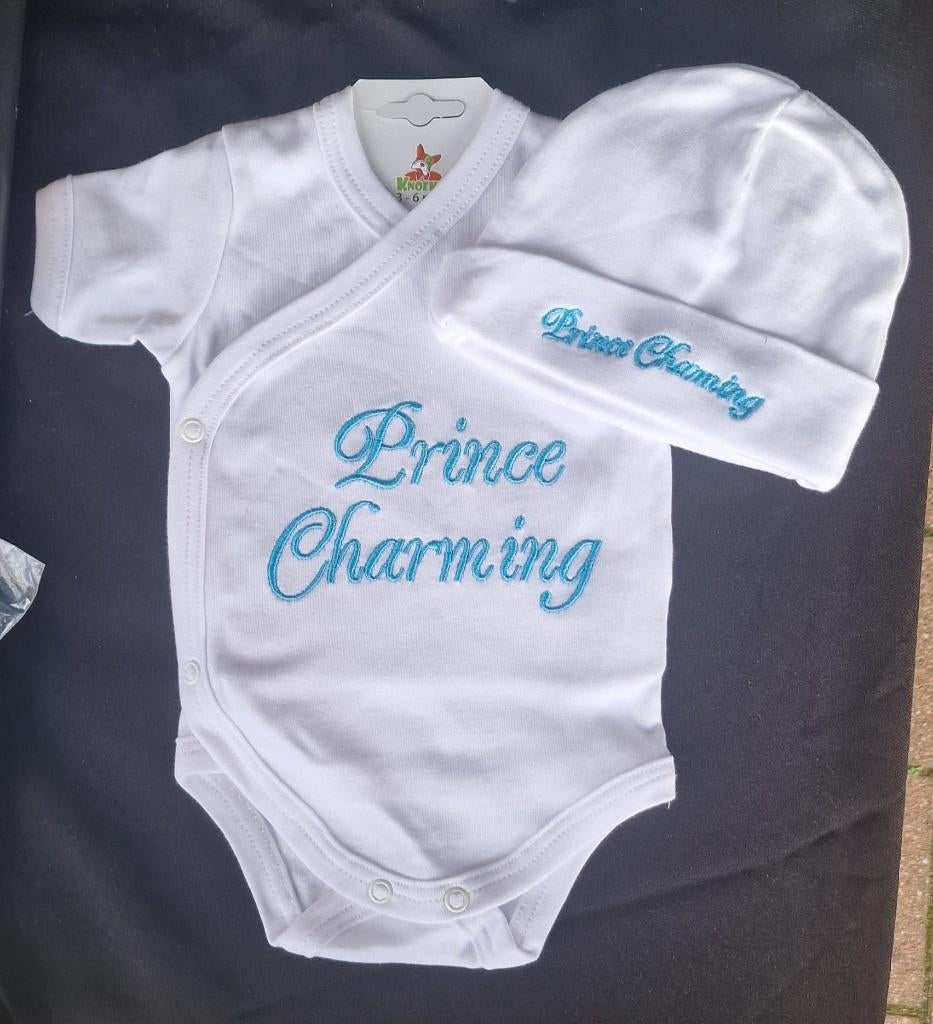 Baby Setje - rompertje met mutsje - Prince Charming mt 50, Kinderen en Baby's, Babykleding | Maat 50, Jongetje of Meisje, Nieuw