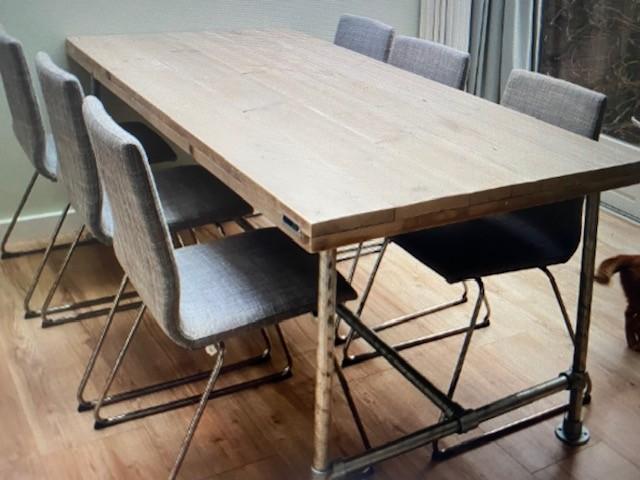 Tafel steigerbuis luxe met steigerhout, Ophalen, Gebruikt, Overige materialen, 200 cm of meer