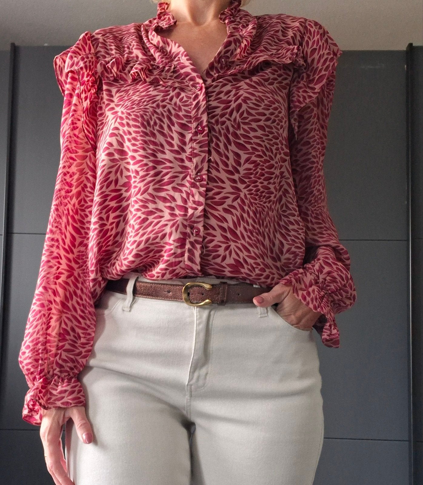 Loavies blouse maat M | Roodroze print & ruffles | Heel goed, Maat 38/40 (M), Meerkleurig, Verzenden, Loavies