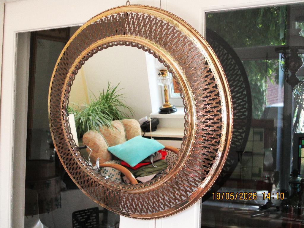 Prachtige handgemaakte koperen spiegel, Huis en Inrichting, Woonaccessoires | Spiegels, Ophalen, Minder dan 50 cm, Rond, Nieuw