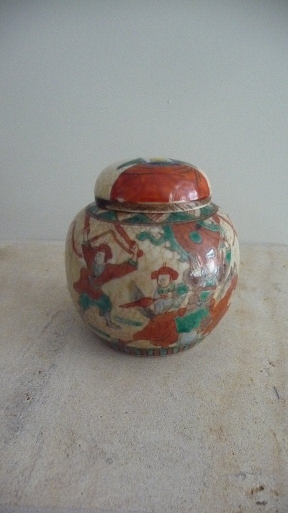 Antieke Chinese gemberpot met krijgersdecoratie, Ophalen of Verzenden