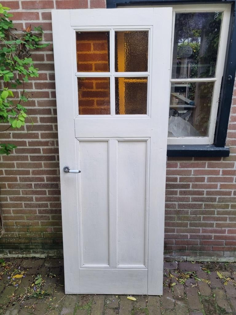 Vintage binnendeur met glas en haan-haak, Ophalen, Gebruikt, Minder dan 80 cm, Binnendeur